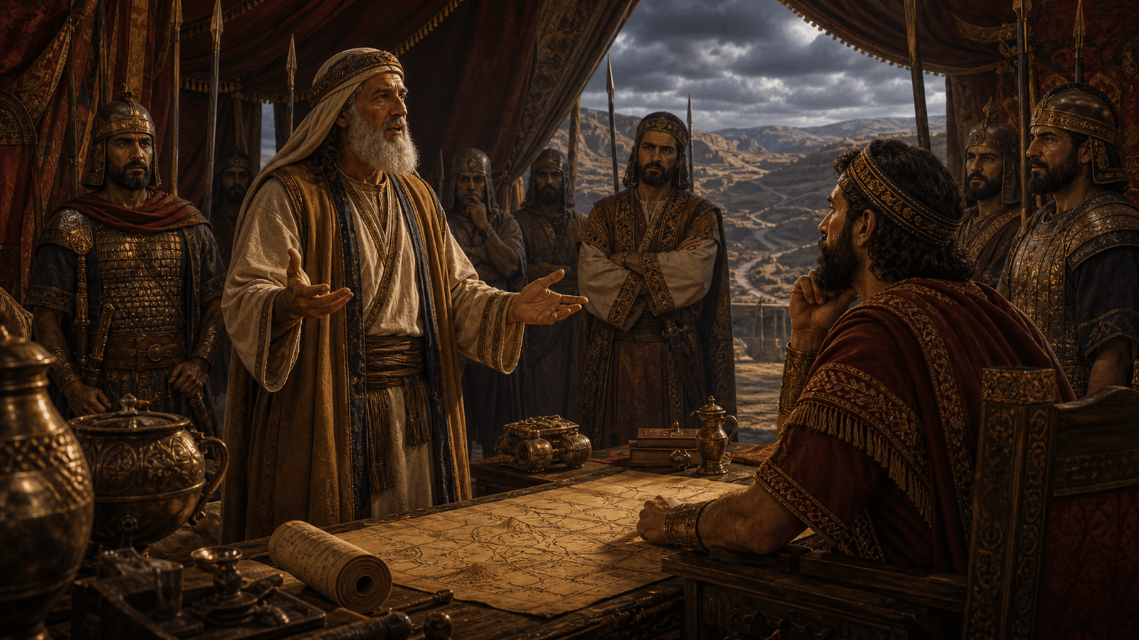 Judith 5 montre Achior rappelant devant Holoferne l'histoire et la foi d'Israel