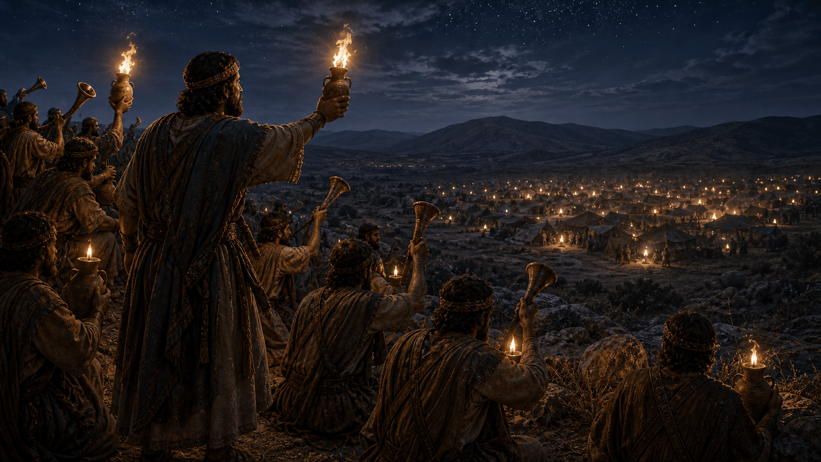 Les hommes de Gedeon portent torches et trompettes dans la nuit