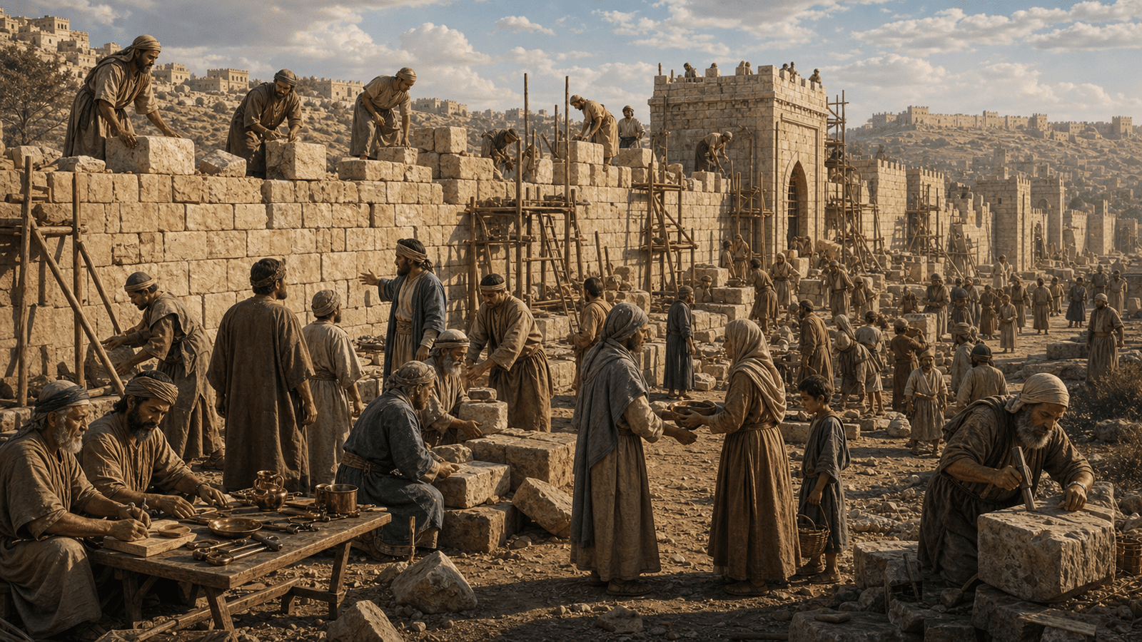 Nehemie 3 montre les familles et les artisans rebatissant chacun leur portion de mur